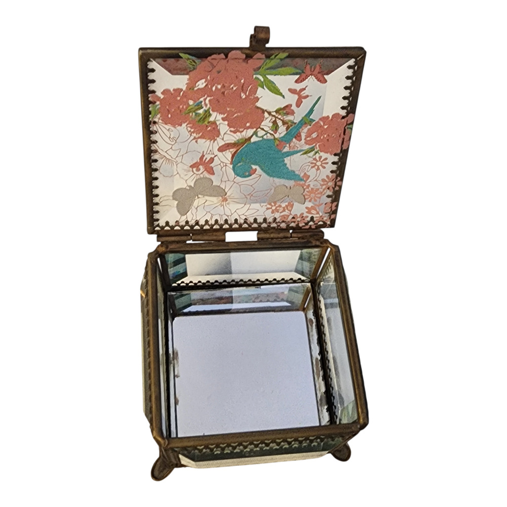 Nicole Miller Glass Trinket Box Bird Floral Jewelry Box Vintage Style Keepsake - Picture 8 of 11